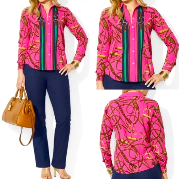 RALPH LAUREN Rare Pink Equestrian Horse Bit Stirrup Beautiful Luxury Blouse M - Picture 15 of 15